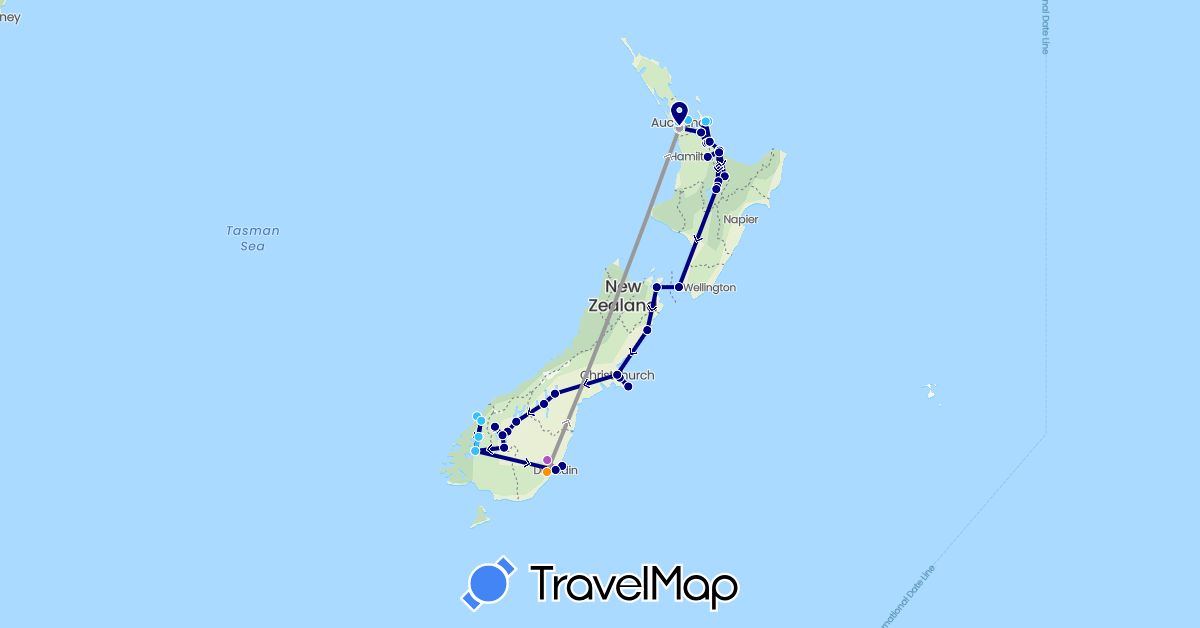 TravelMap itinerary: driving, plane, train, boat, hitchhiking in New Zealand (Oceania)