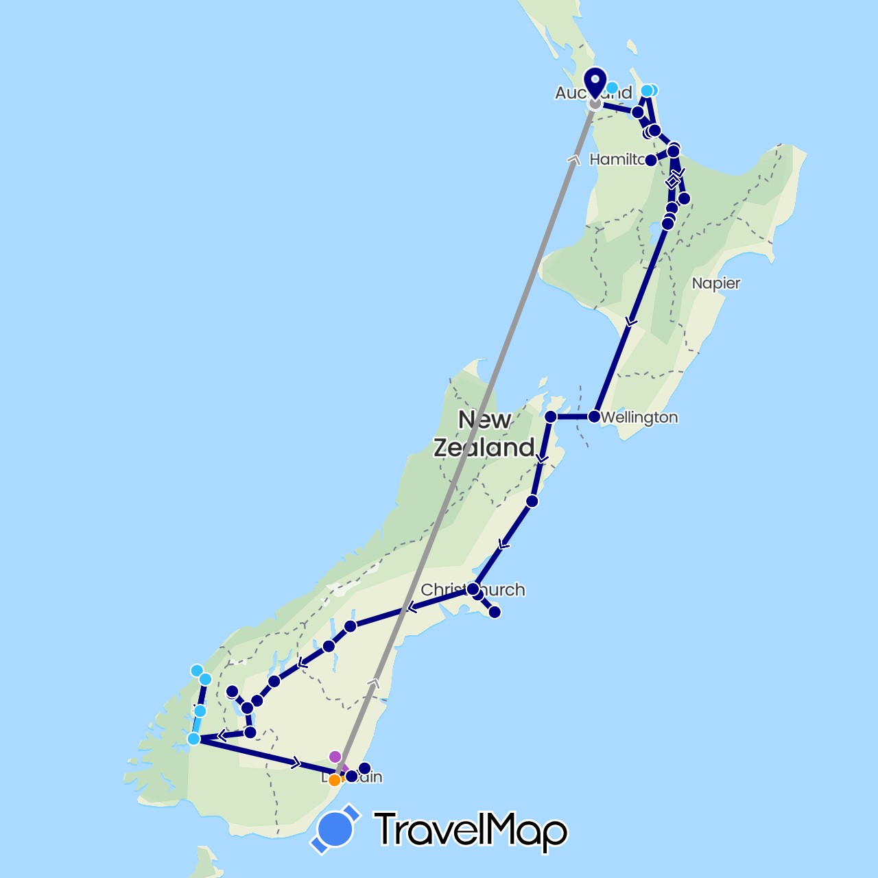 TravelMap itinerary: driving, plane, train, boat, hitchhiking in New Zealand (Oceania)