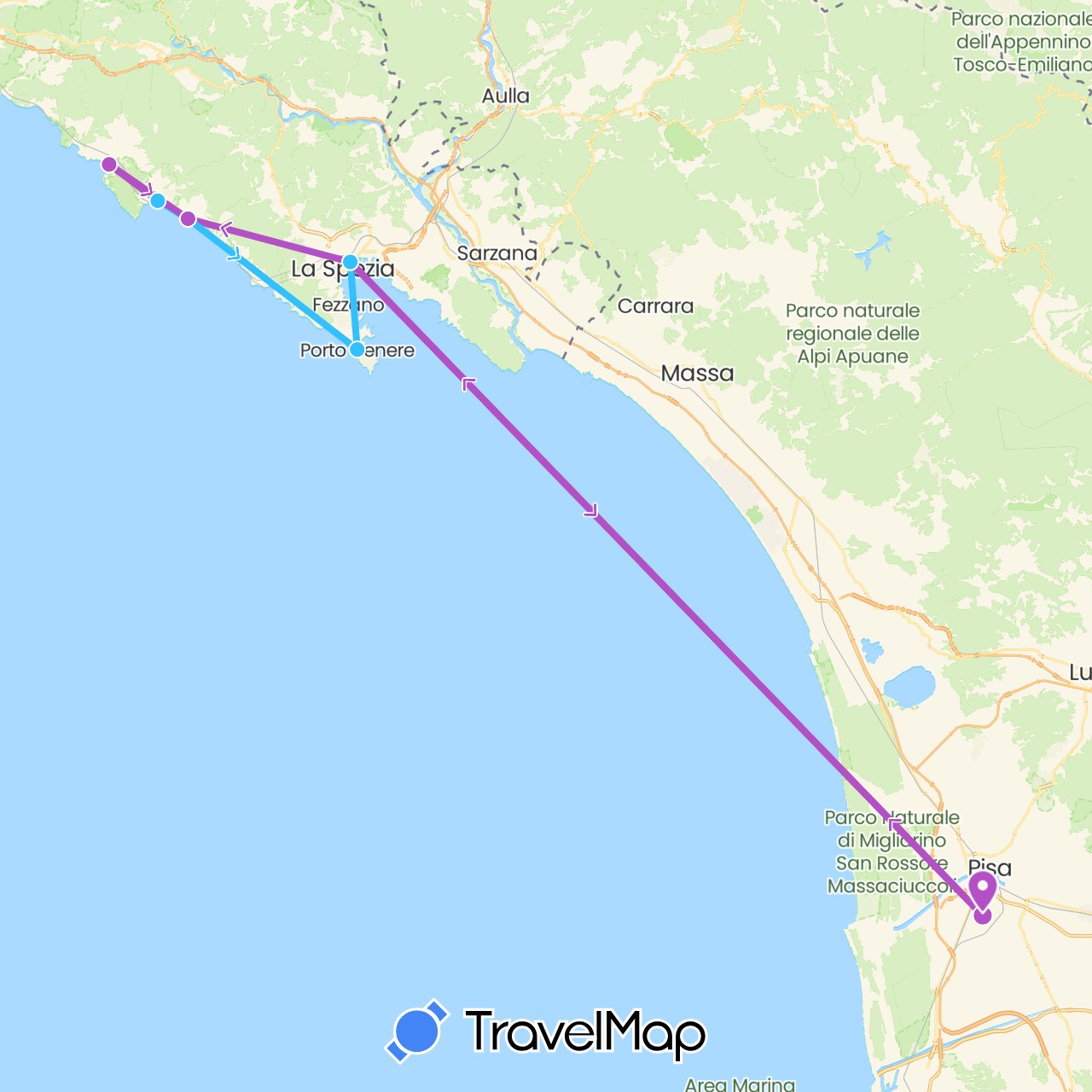 TravelMap itinerary: driving, train, boat in Italy (Europe)