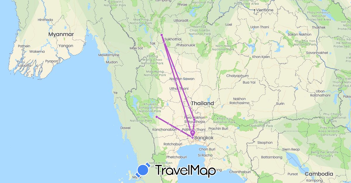 TravelMap itinerary: driving, train in Thailand (Asia)