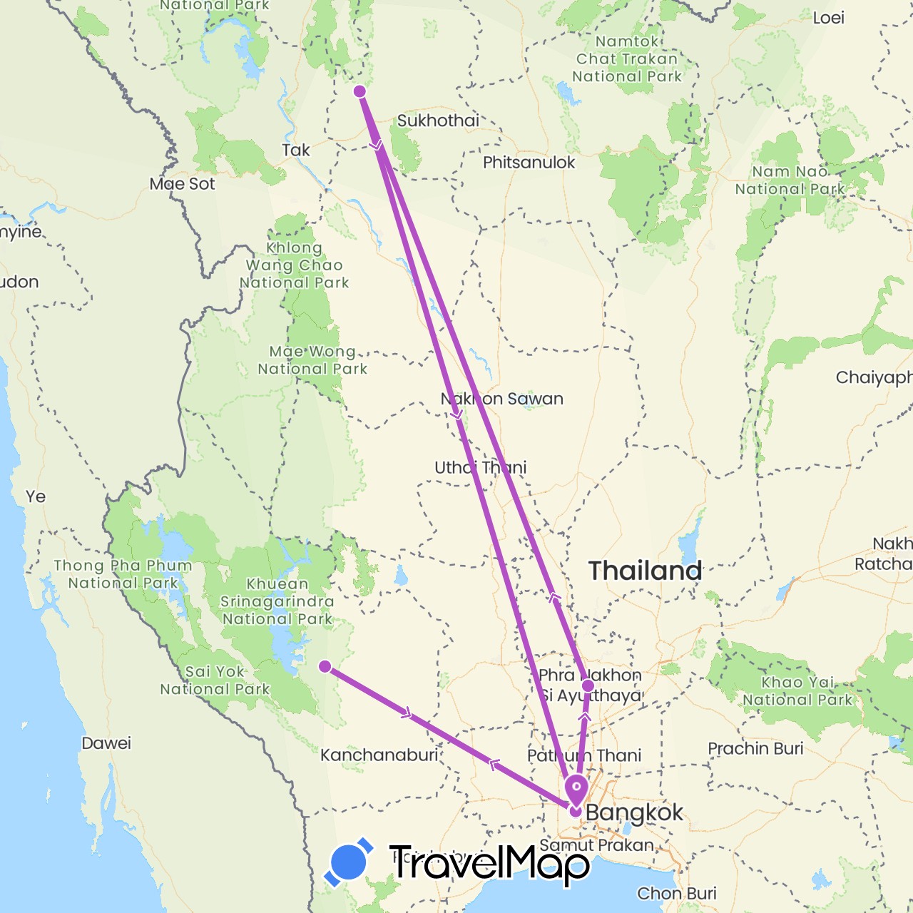 TravelMap itinerary: driving, train in Thailand (Asia)