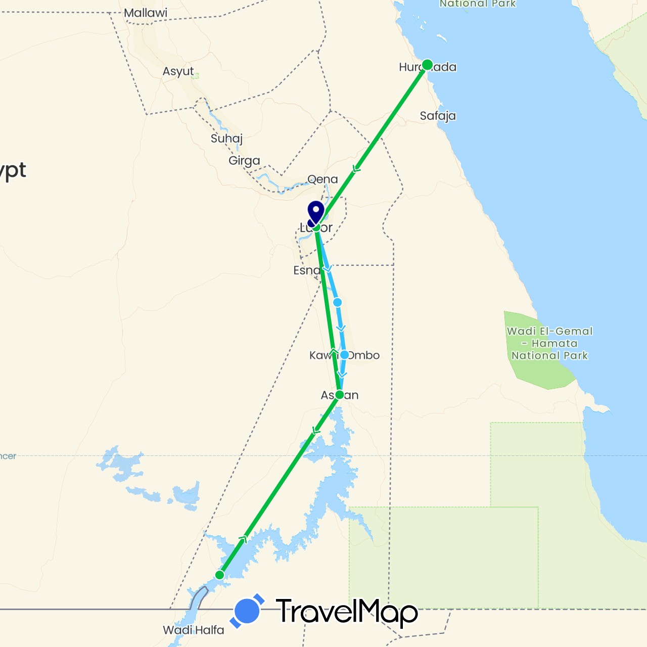 TravelMap itinerary: driving, bus, boat in Egypt (Africa)
