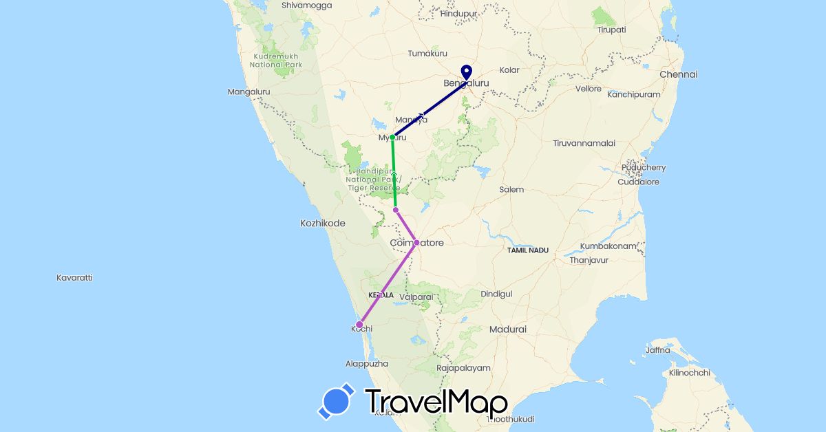 TravelMap itinerary: driving, bus, train in India (Asia)