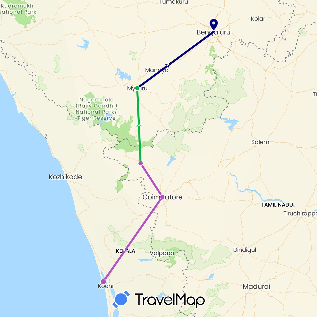 TravelMap itinerary: driving, bus, train in India (Asia)