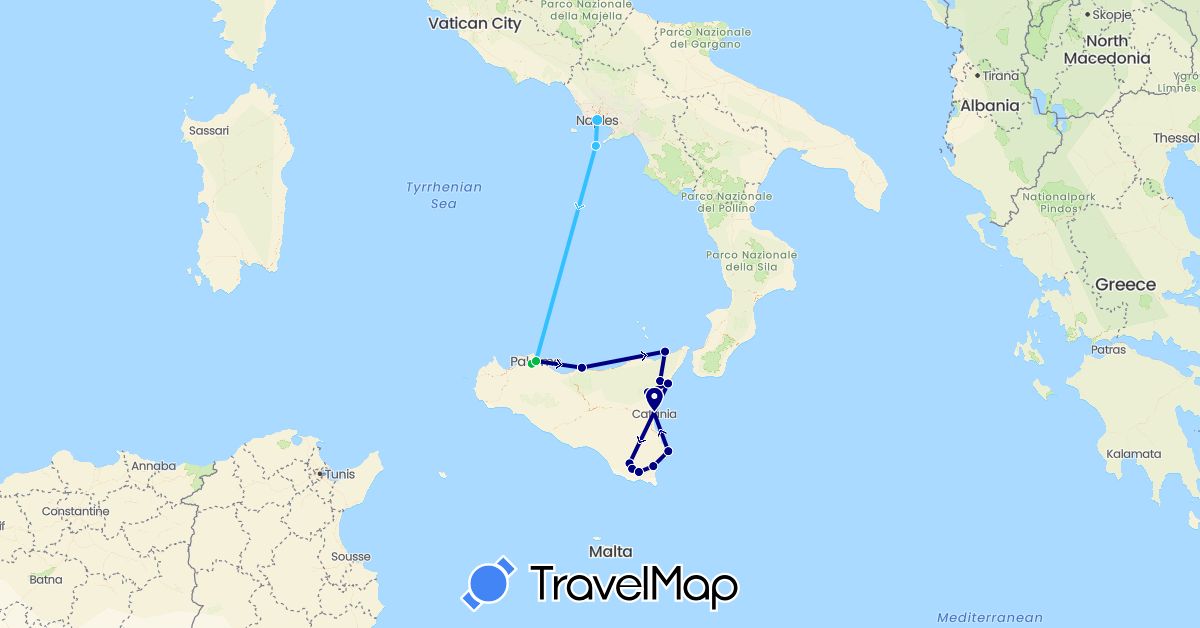 TravelMap itinerary: driving, bus, boat in Italy (Europe)
