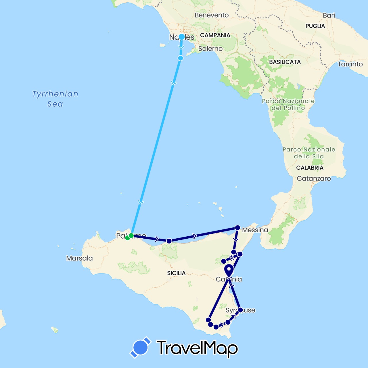 TravelMap itinerary: driving, bus, boat in Italy (Europe)