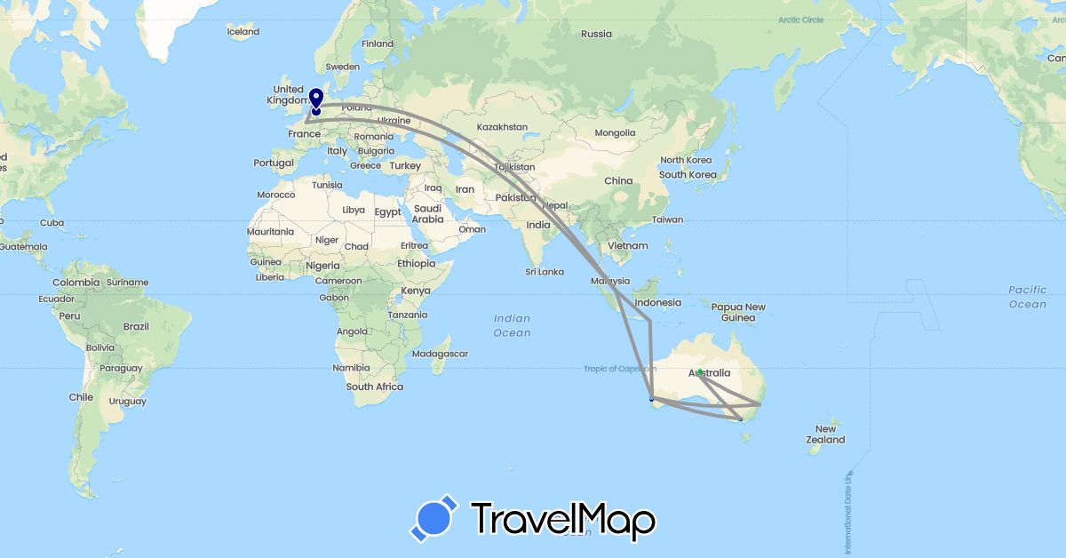 TravelMap itinerary: driving, bus, plane, train, hiking, boat in Australia, France, Indonesia, Netherlands, Singapore (Asia, Europe, Oceania)