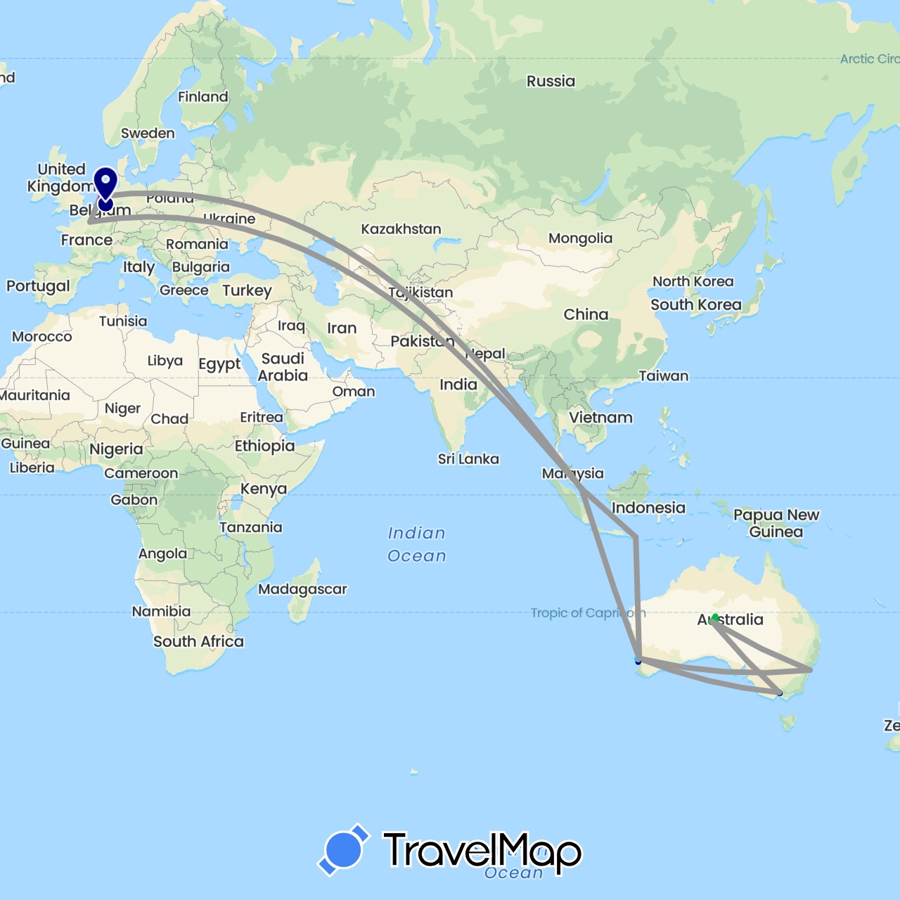 TravelMap itinerary: driving, bus, plane, train, hiking, boat in Australia, France, Indonesia, Netherlands, Singapore (Asia, Europe, Oceania)
