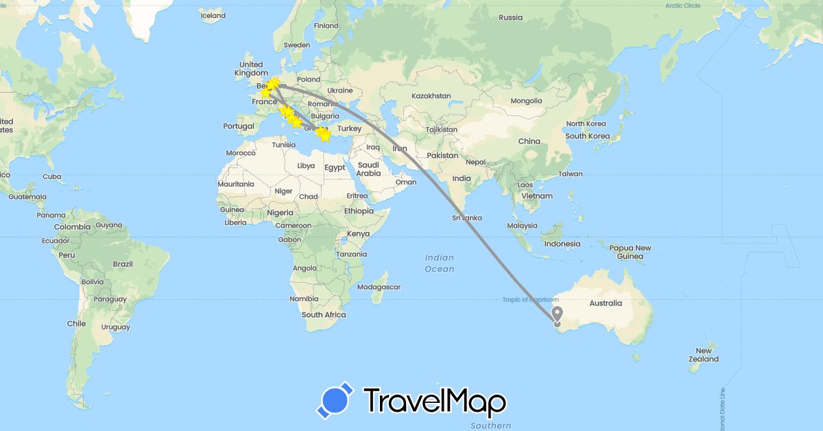 TravelMap itinerary: driving, plane, train, boat in Australia, Belgium, France, Greece, Italy, Netherlands (Europe, Oceania)
