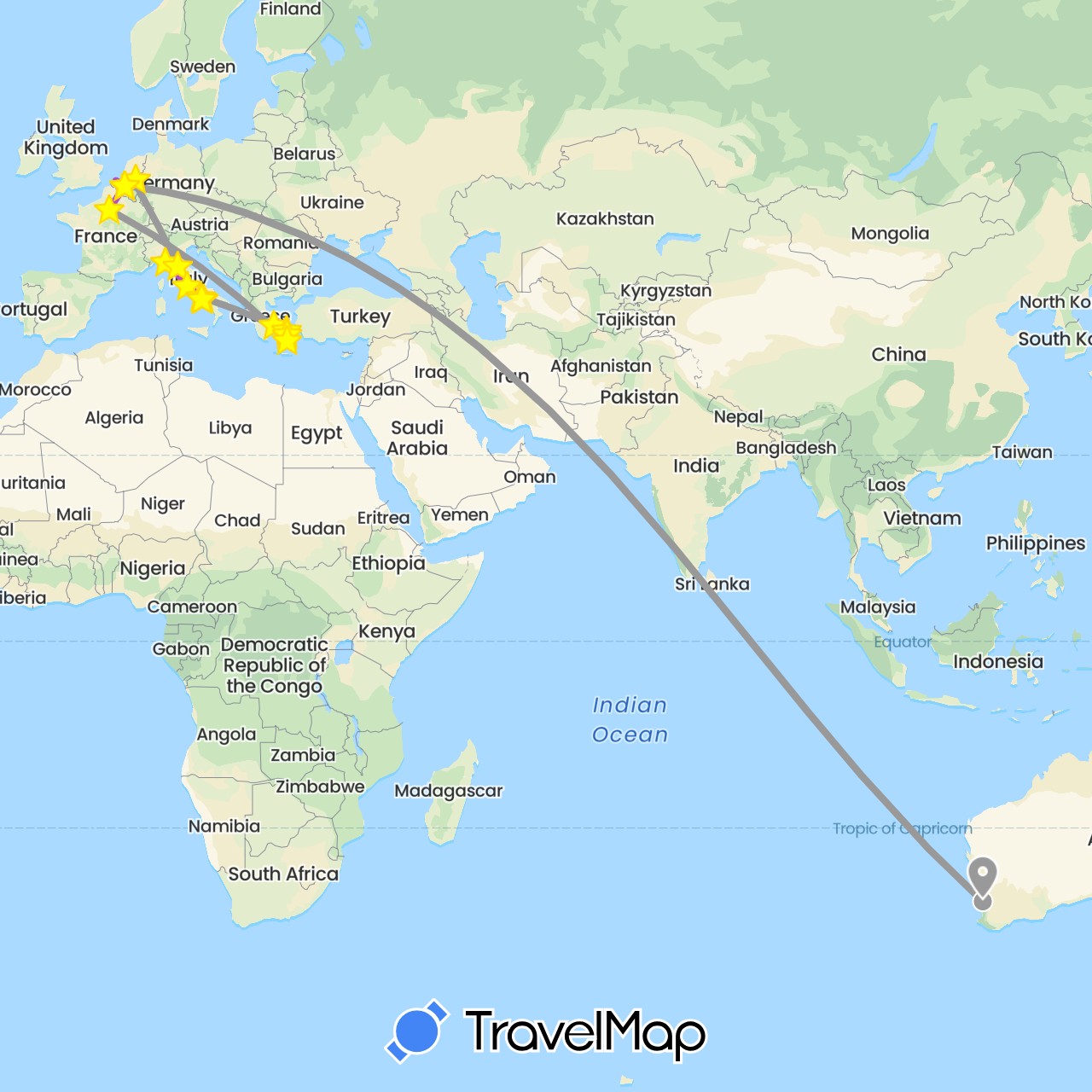 TravelMap itinerary: driving, plane, train, boat in Australia, Belgium, France, Greece, Italy, Netherlands (Europe, Oceania)