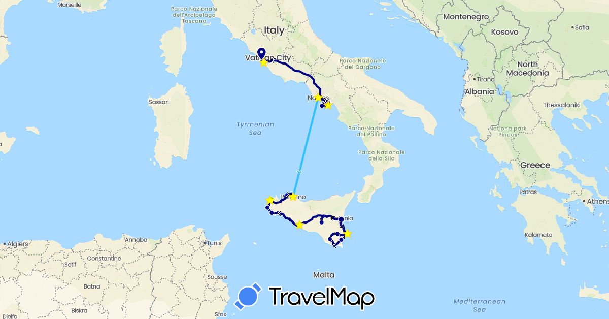 TravelMap itinerary: driving, boat, electric vehicle in Italy (Europe)
