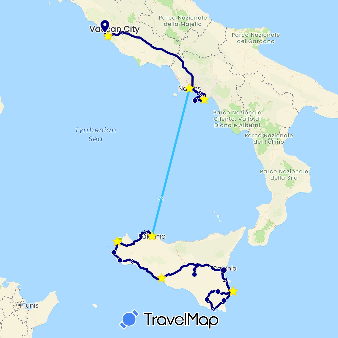 TravelMap itinerary: driving, boat, electric vehicle in Italy (Europe)