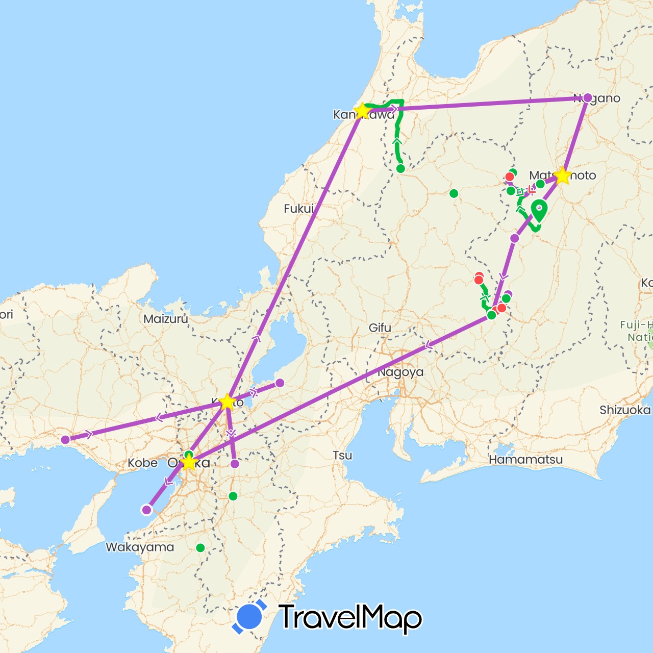 TravelMap itinerary: bus, train, hiking in Japan (Asia)