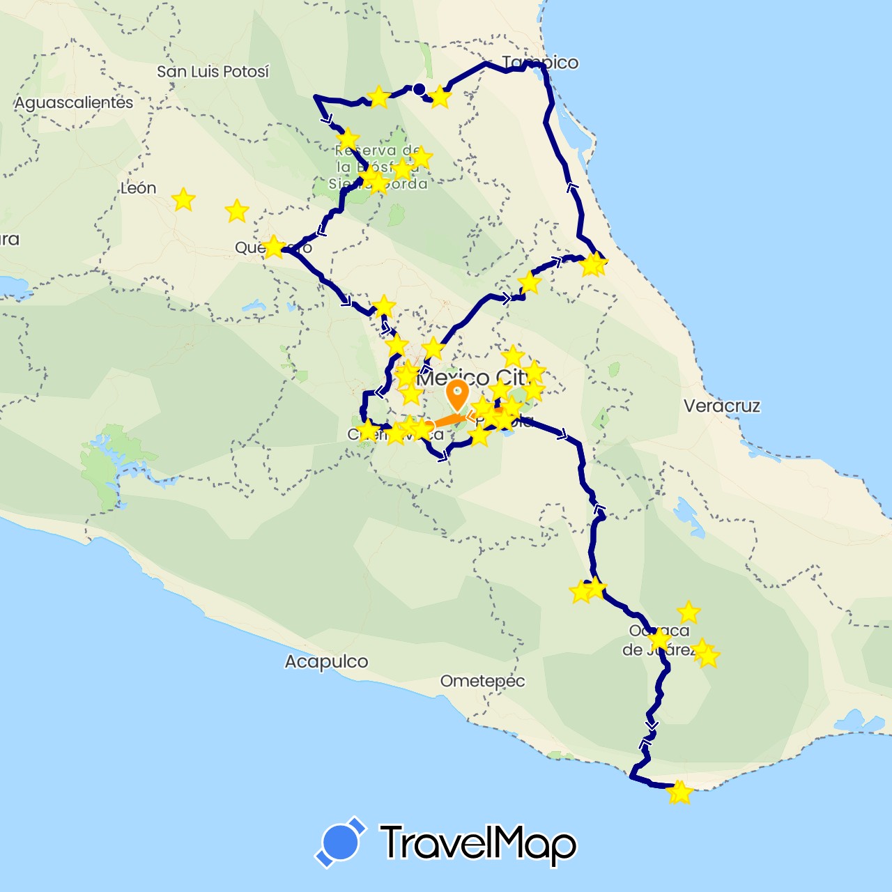 TravelMap itinerary: driving, hitchhiking in Mexico (North America)
