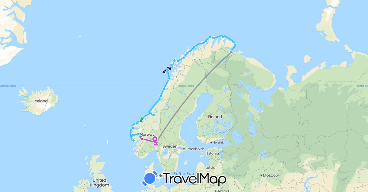 TravelMap itinerary: driving, bus, plane, cycling, train, hiking, boat in Norway (Europe)