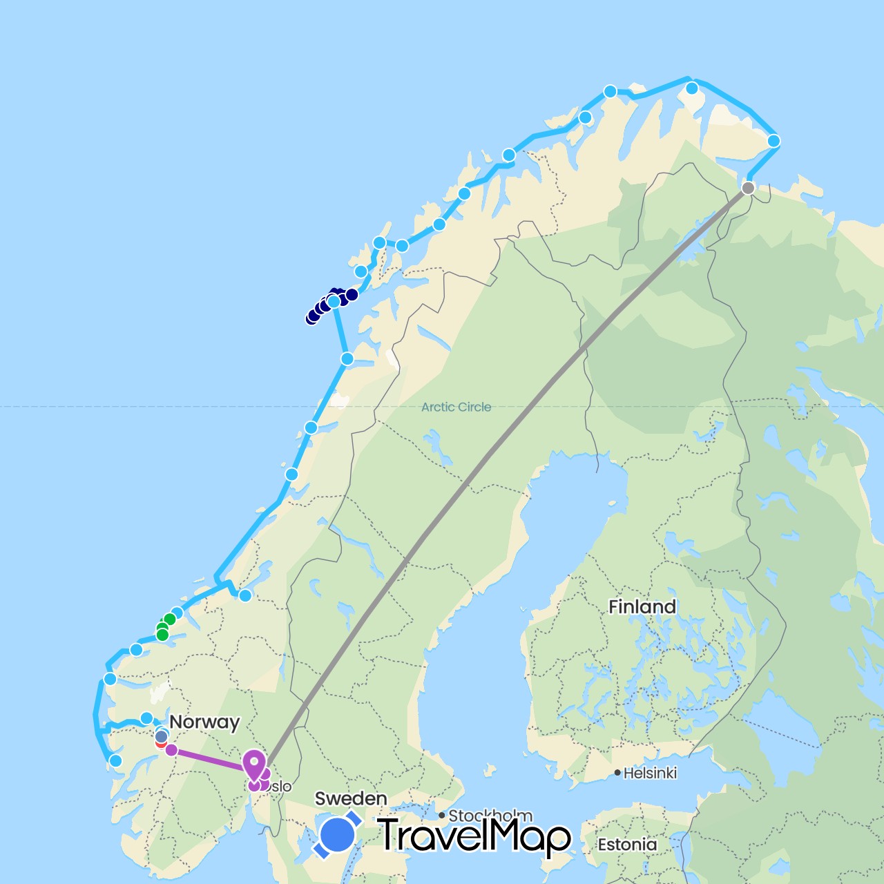 TravelMap itinerary: driving, bus, plane, cycling, train, hiking, boat in Norway (Europe)
