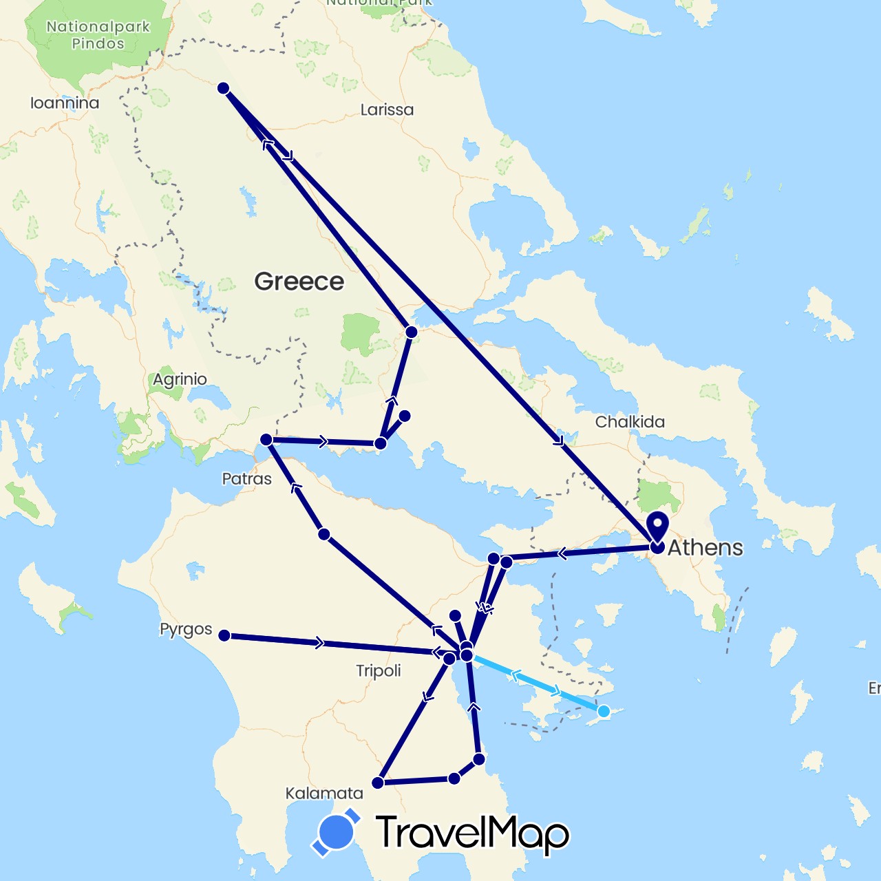 TravelMap itinerary: driving, boat in Greece (Europe)