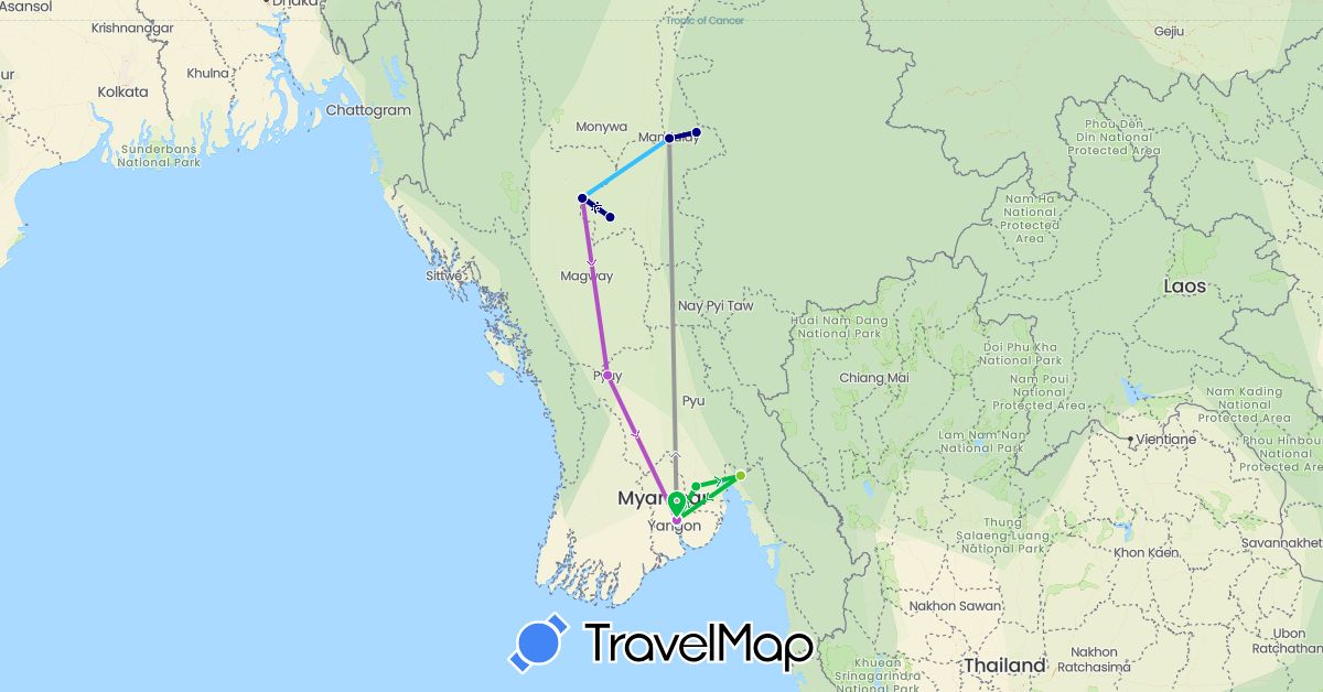 TravelMap itinerary: driving, bus, plane, train, boat, electric vehicle in Myanmar (Burma) (Asia)