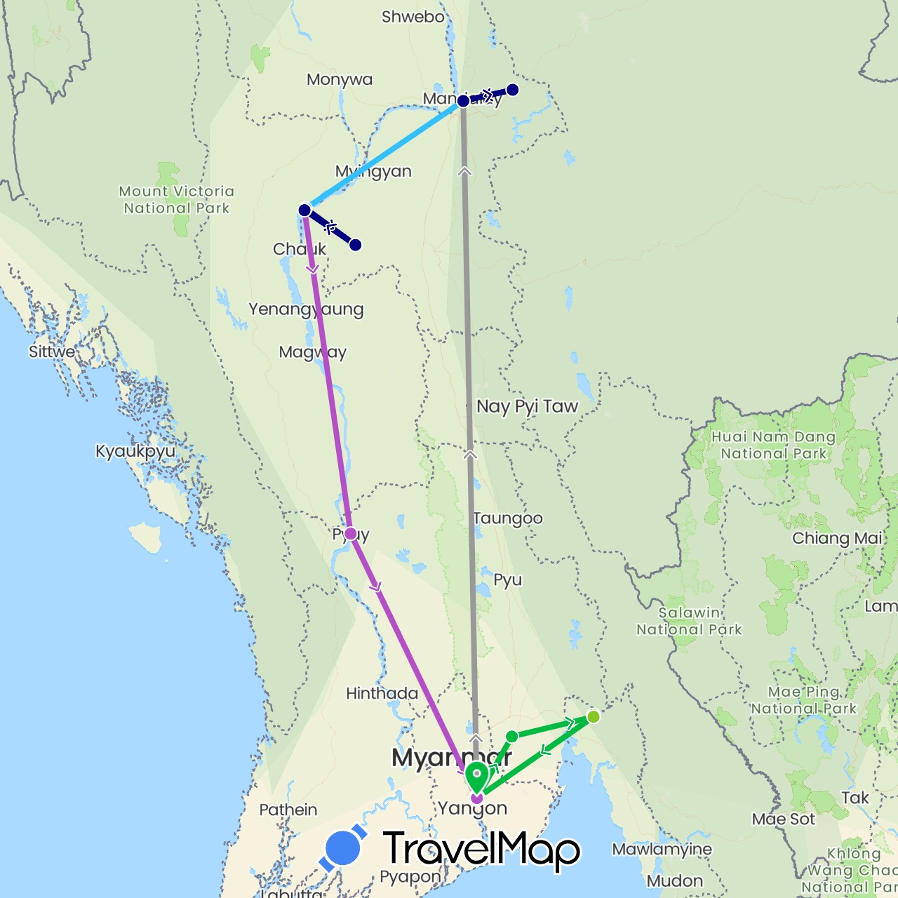 TravelMap itinerary: driving, bus, plane, train, boat, electric vehicle in Myanmar (Burma) (Asia)