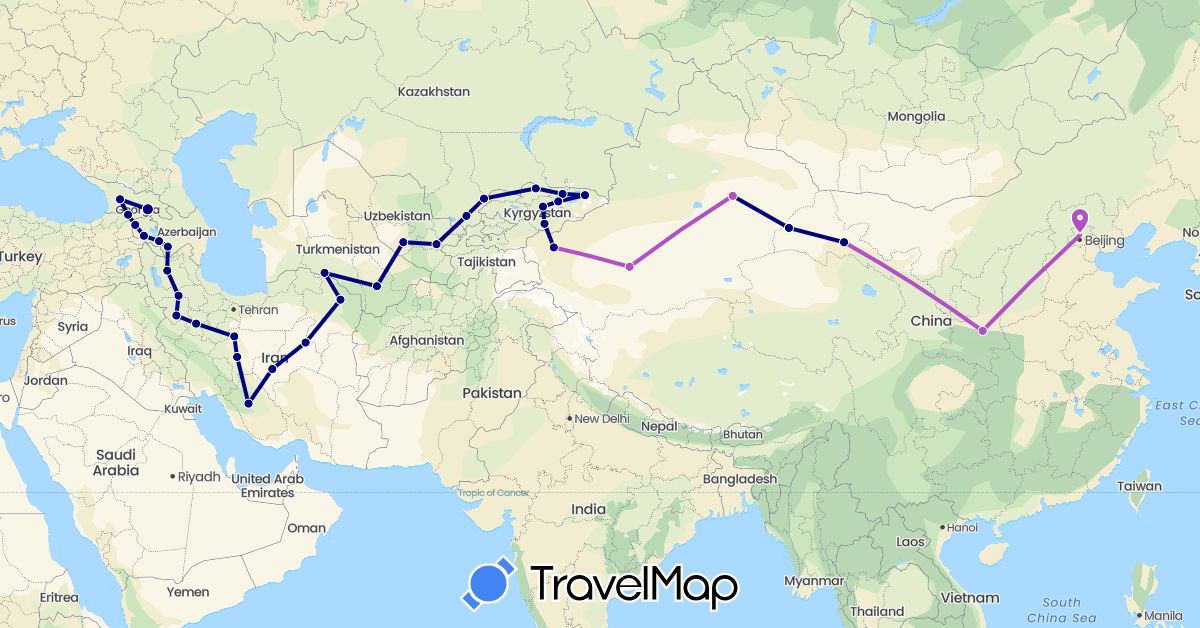 TravelMap itinerary: driving, train in Armenia, China, Georgia, Iran, Kyrgyzstan, Kazakhstan, Turkmenistan, Uzbekistan (Asia)