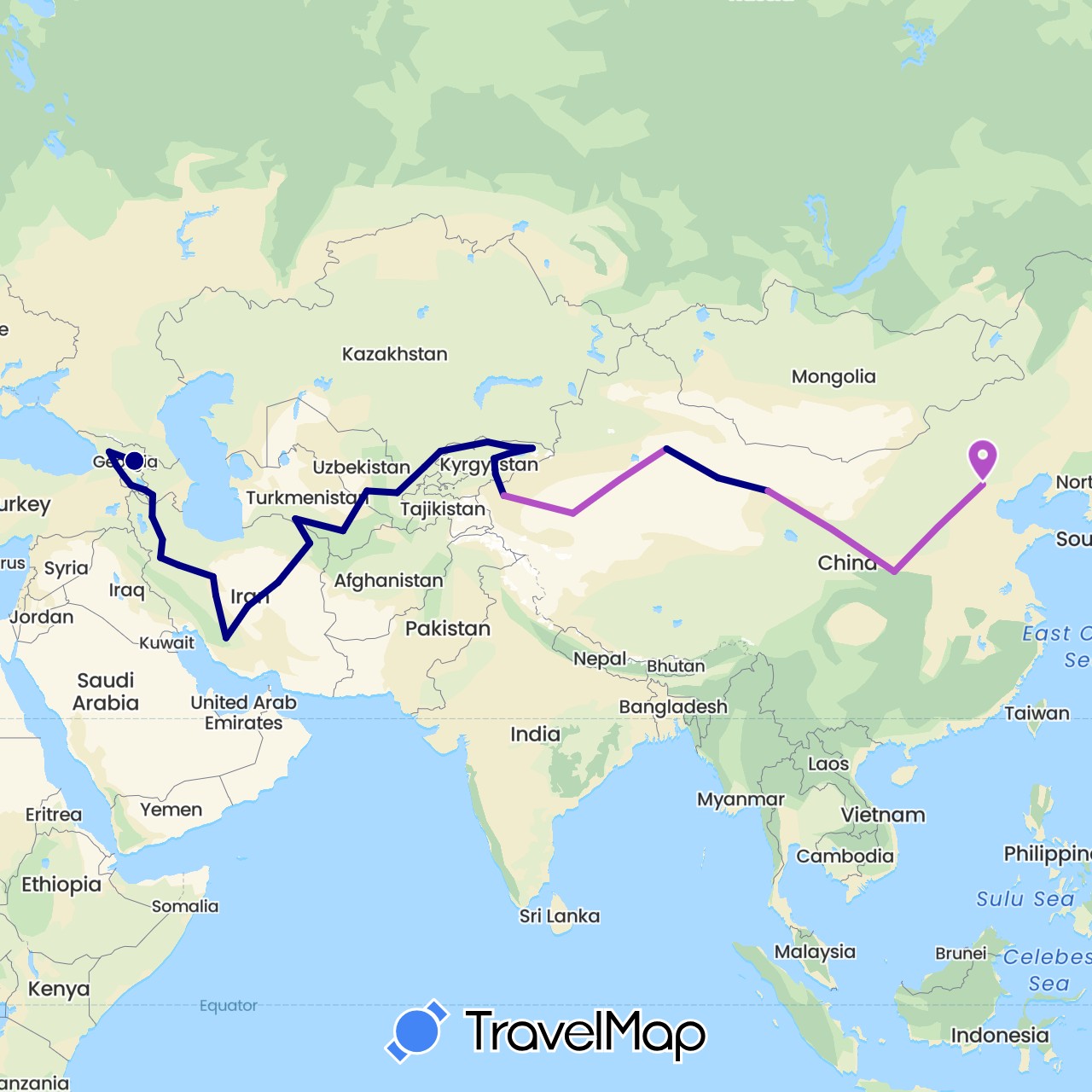 TravelMap itinerary: driving, train in Armenia, China, Georgia, Iran, Kyrgyzstan, Kazakhstan, Turkmenistan, Uzbekistan (Asia)