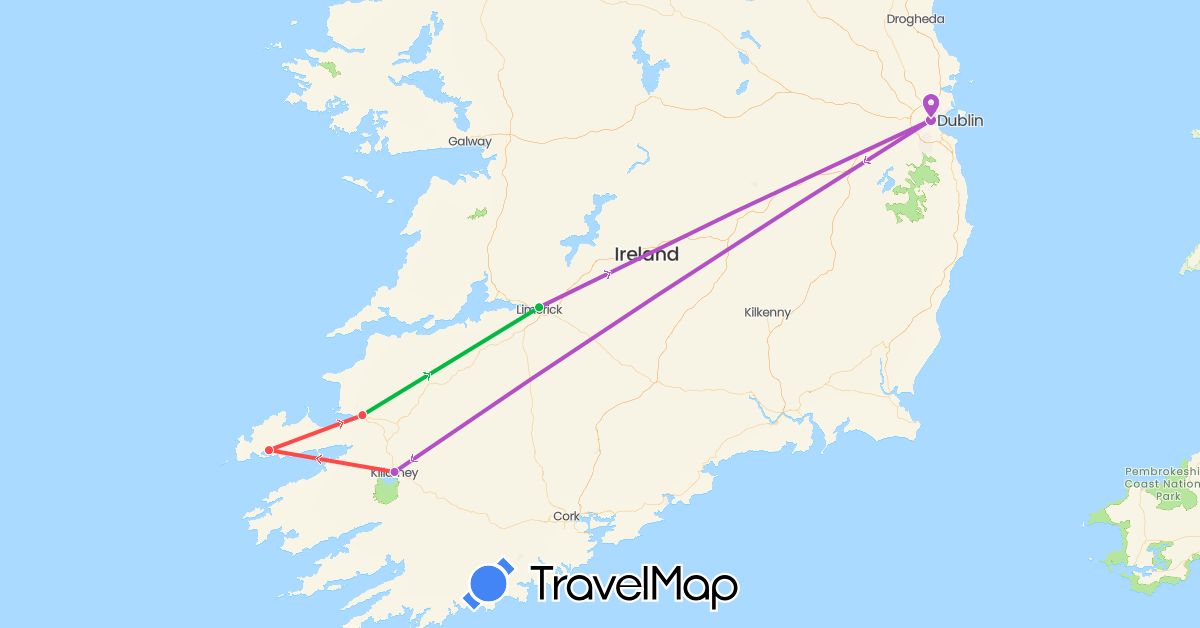 TravelMap itinerary: driving, bus, train, hiking in Ireland (Europe)