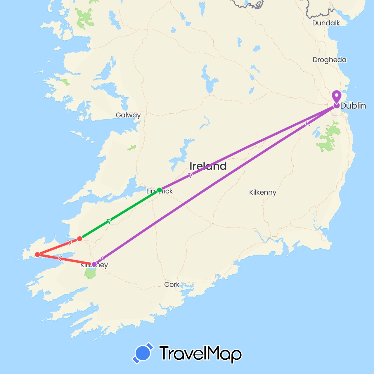 TravelMap itinerary: driving, bus, train, hiking in Ireland (Europe)