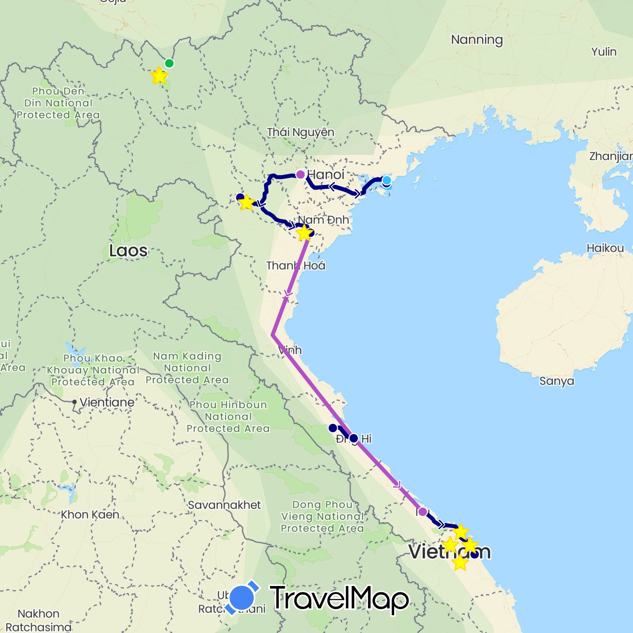TravelMap itinerary: driving, bus, train, boat in Vietnam (Asia)