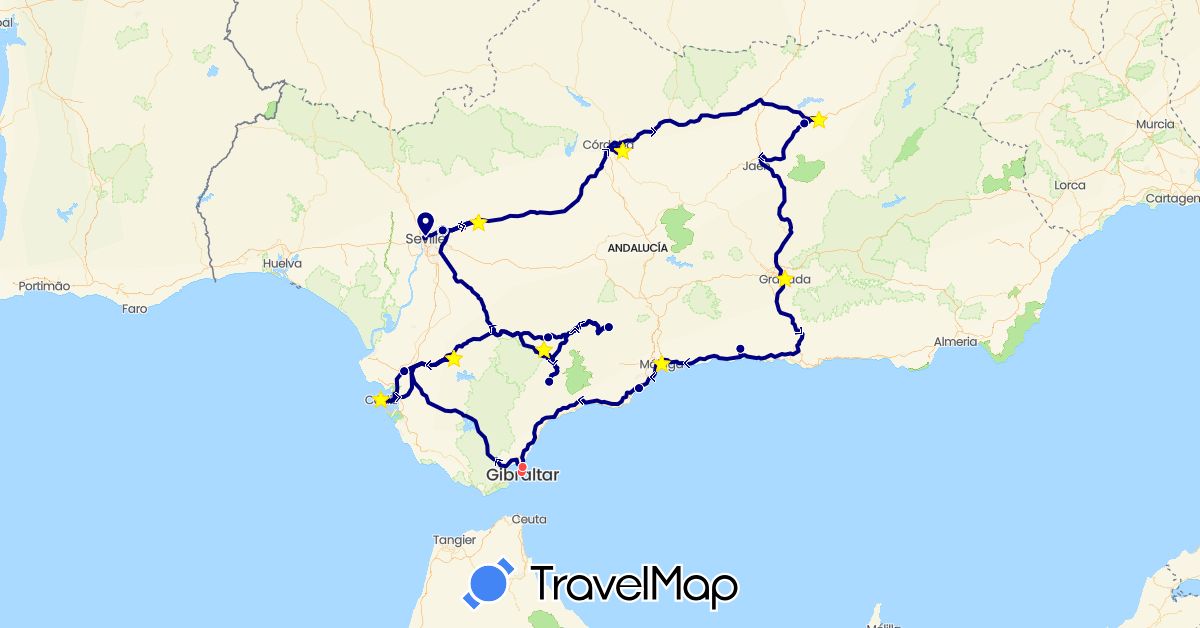 TravelMap itinerary: driving, hiking in Spain, Gibraltar (Europe)
