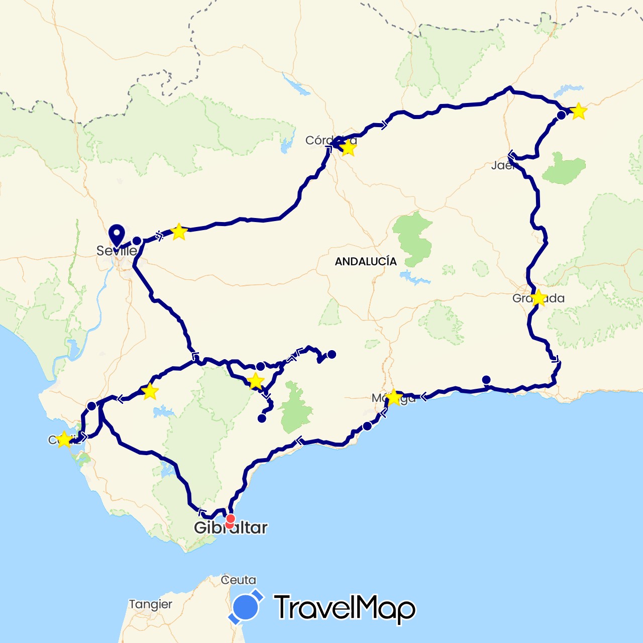TravelMap itinerary: driving, hiking in Spain, Gibraltar (Europe)