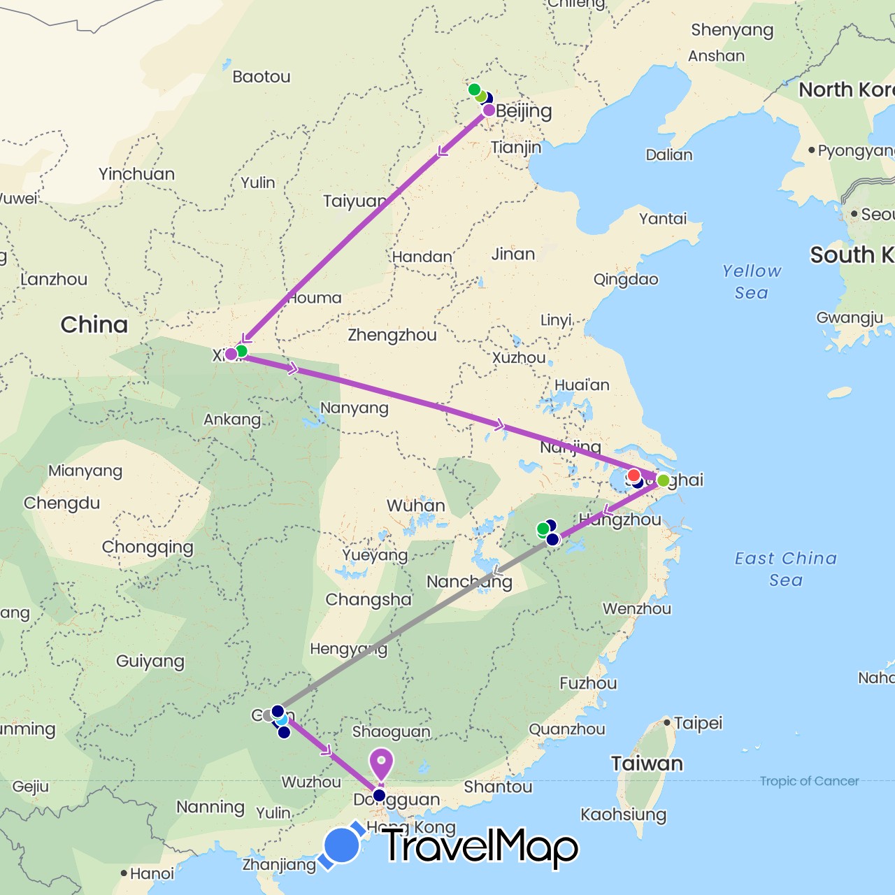 TravelMap itinerary: driving, bus, plane, train, hiking, boat, electric vehicle in China (Asia)